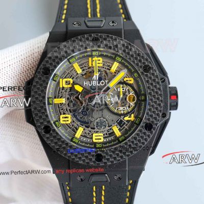 Swiss Replica Hublot Big Bang Unico Ferrari Carbon Fiber Yellow Arabic All Black Case Watch 
